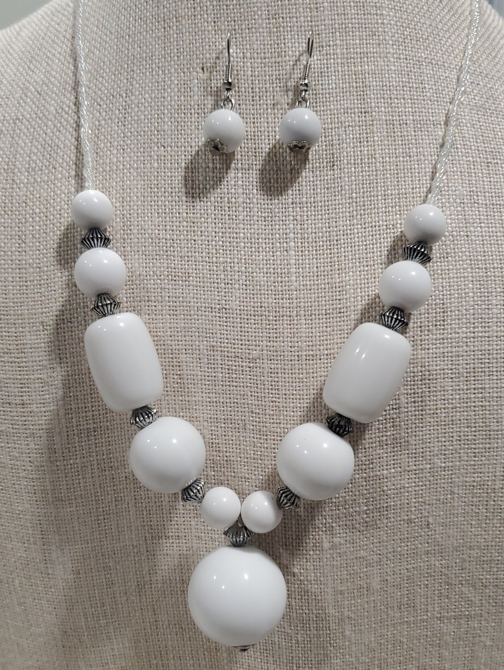 White Beaded Statement Necklace and Earrings Set